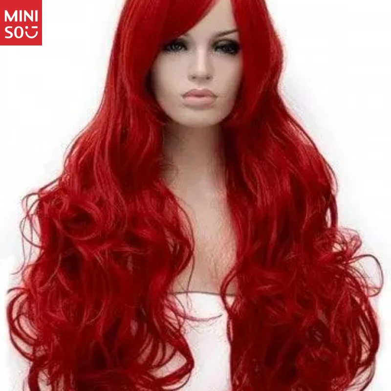 Miniso nieuwe rode lang krullende synthetische pruik voor dames, natuurlijk uitstraling golvend haar voor cosplay en dagelijks gebruik