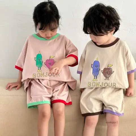 2024 여름 어린이 의류 세트 짧은 소매 티셔츠와 반바지 2 Pcs 소년 정장 캐주얼 소녀 의류 세트