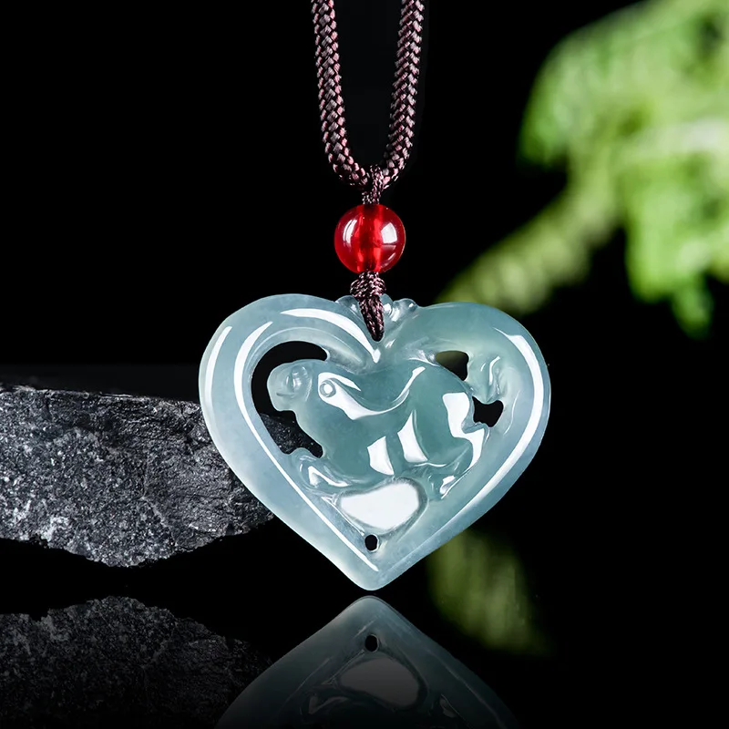 

Natural Myanmar A+ Jadeite Blue Water Love Zodiac Rabbit Jade Necklace Pendant Fashion Personalized Men and Women Couple Gift