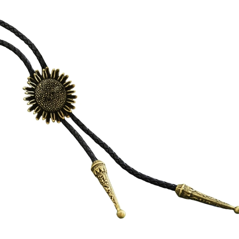 SZL Unisex Metal Sunflower Charm Bolo Tie Vintage Western Neckwear for Party and Business PU Leather Rope Necktie Necklace