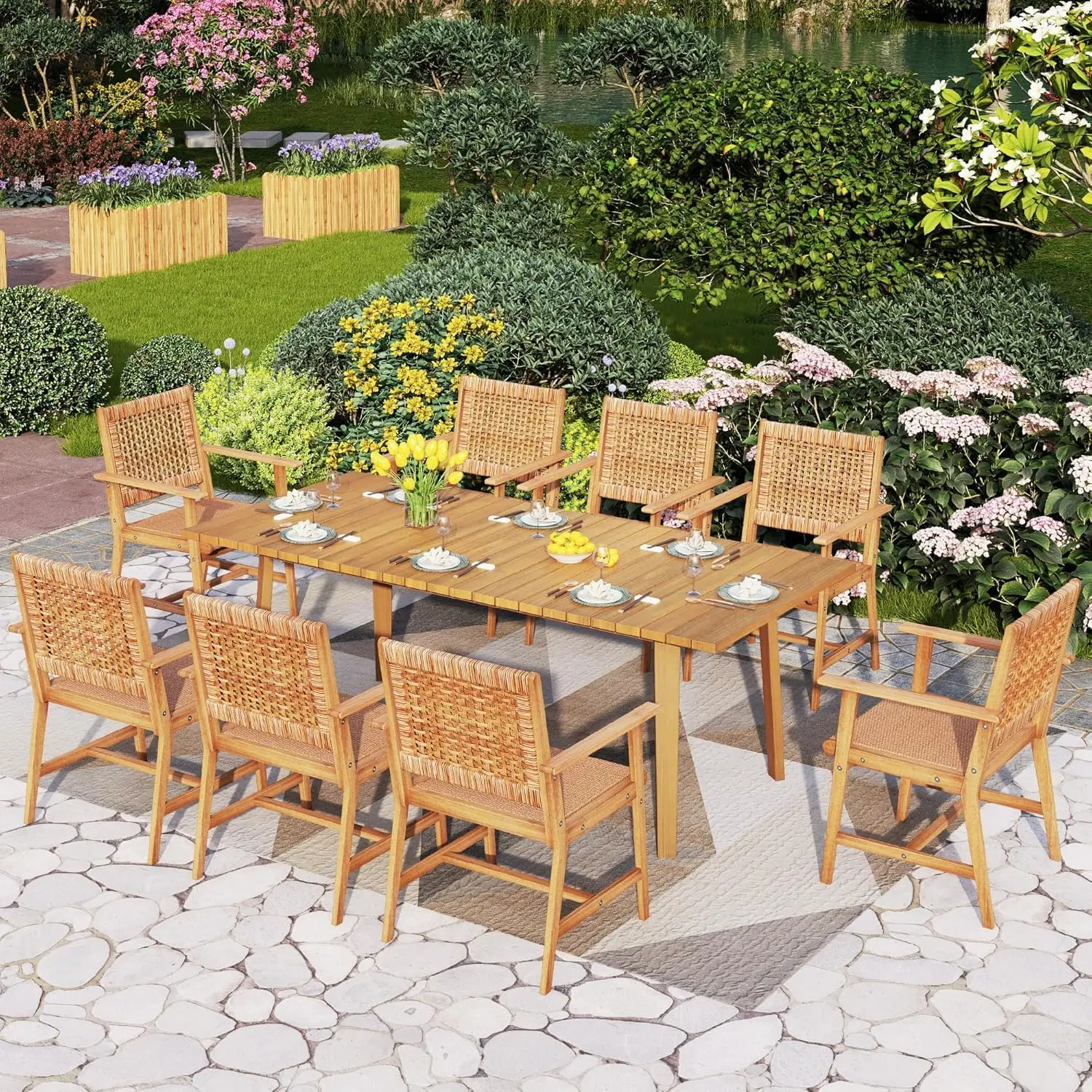 

9 Piece Wood Outdoor Dining Set Rectangle Table & Wicker Seat Chairs for Patio Deck Yard Porch, Customized