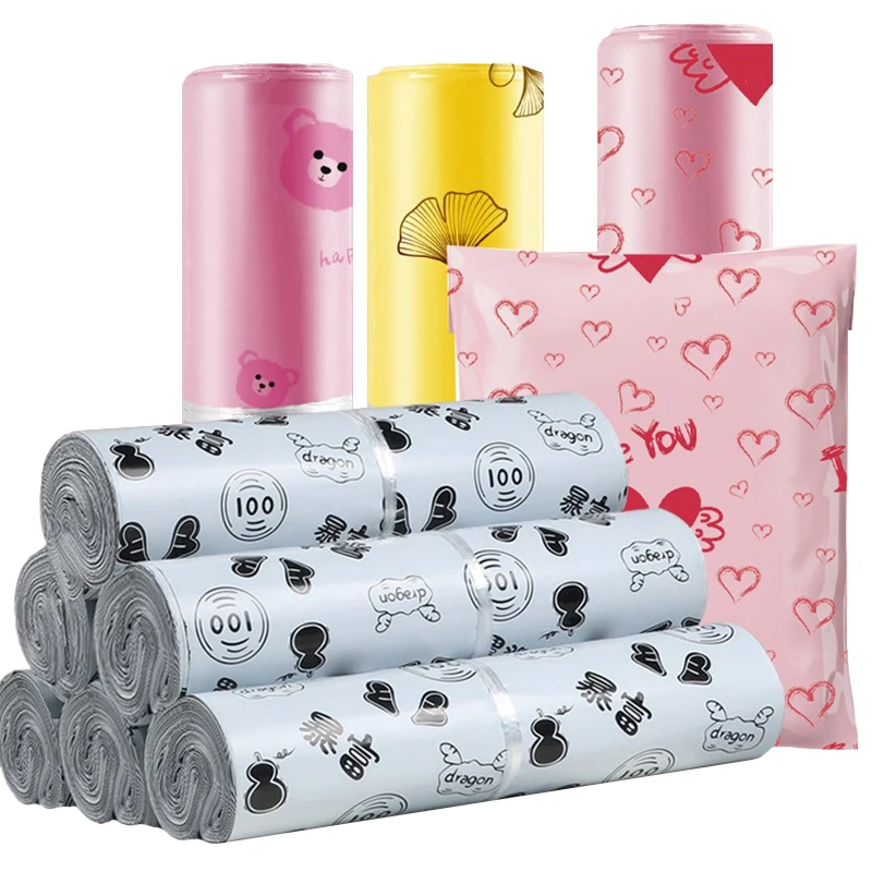 

100 шт. 28x42 см цветной пластиковый экспресс-сумка небольшая доставка почтовый мешок с принтом медведя/гнкго курьерский конверт одежда посылка поставки