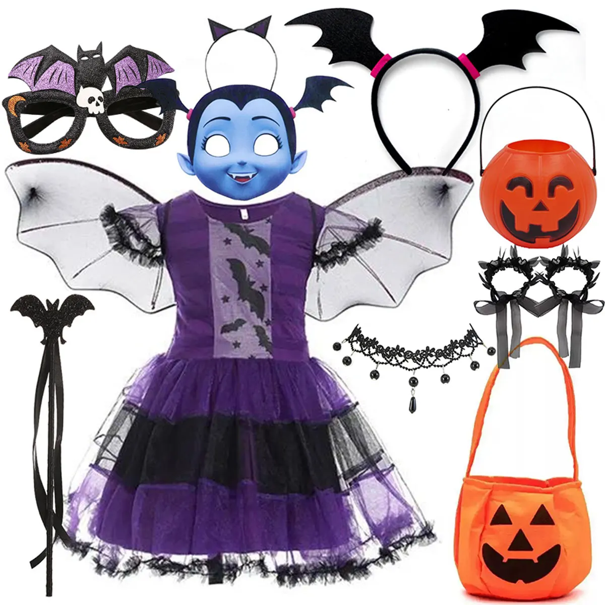 Girls Halloween Vampire Bat Costume Dress with Wings Mask Pumpkin Bucket Accessories Set Kids Purple Witch Cosplay Party Outfit