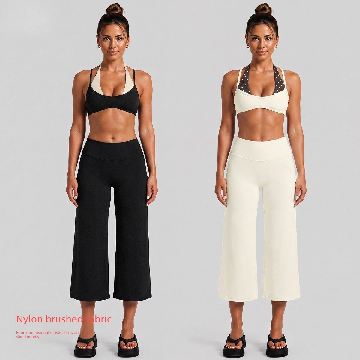 Women 2PCS Yoga Set Contrast Color Halter Polka Dot Spliced Sports Bra High Waist Cropped Wide Leg Pants Gym Workout Fitness Set