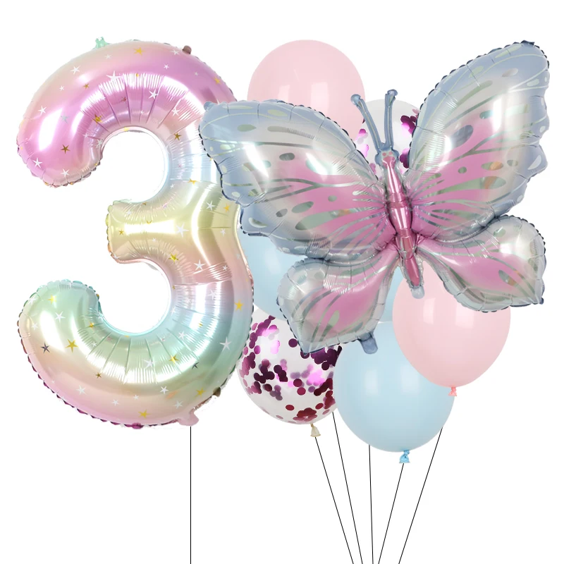 9Pcs Butterfly Balloon Birthday Decorations Set 38Inch Aluminum Foil Number Purple Butterfly Balloons for Birthday Party Decor