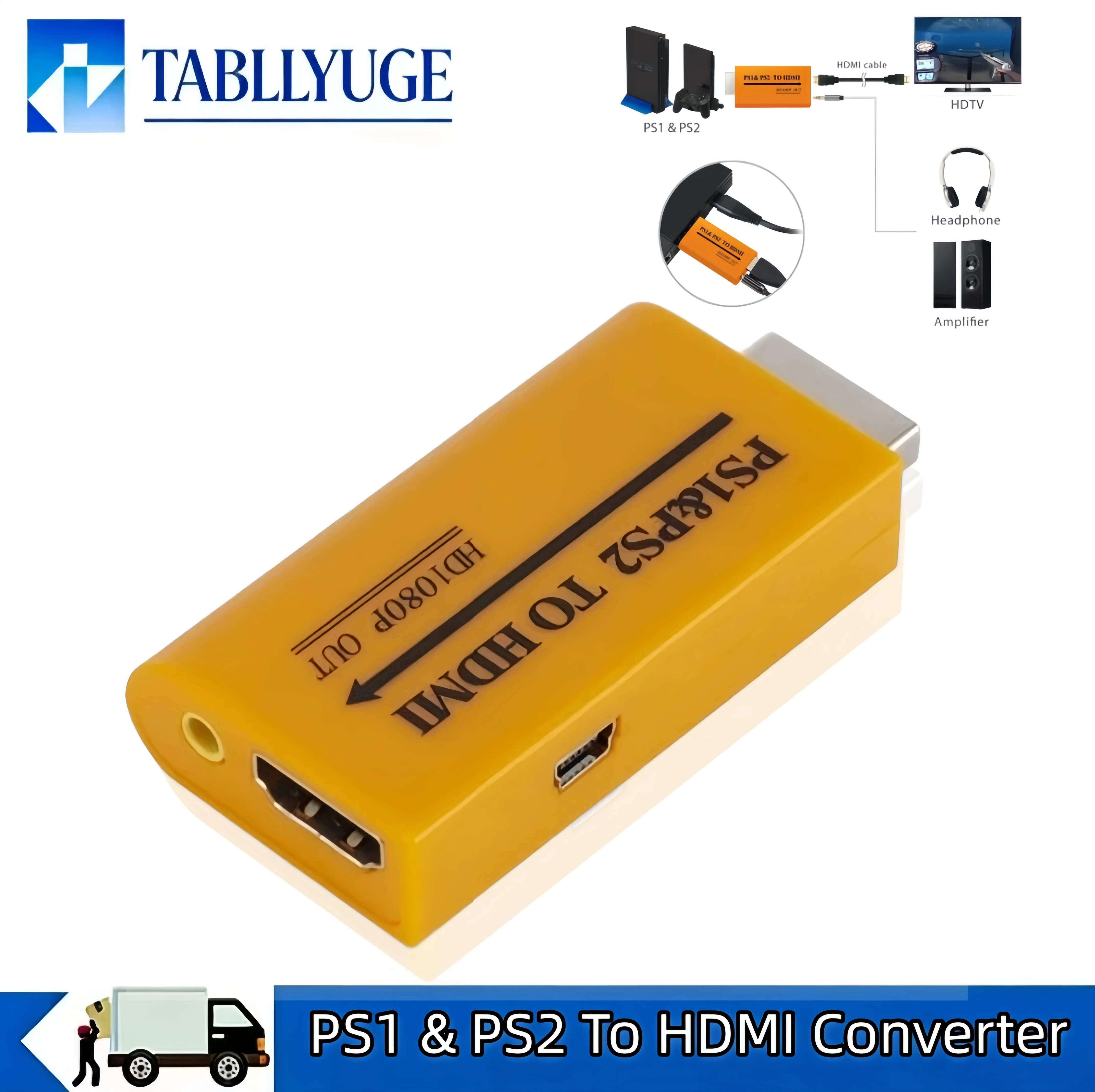 1080p Adapter Converter Compatible with PS2/PS1 to HDMI for Monitors and Projectors Capable of Converting Audio/Video Games