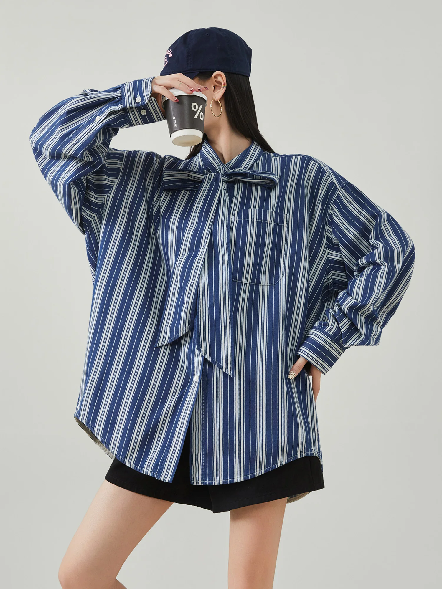 

Blue Striped Long Sve irt Women's Vintage Sle Loose Fit Polyester Fiber oulder Pad Warm Spring New Faion