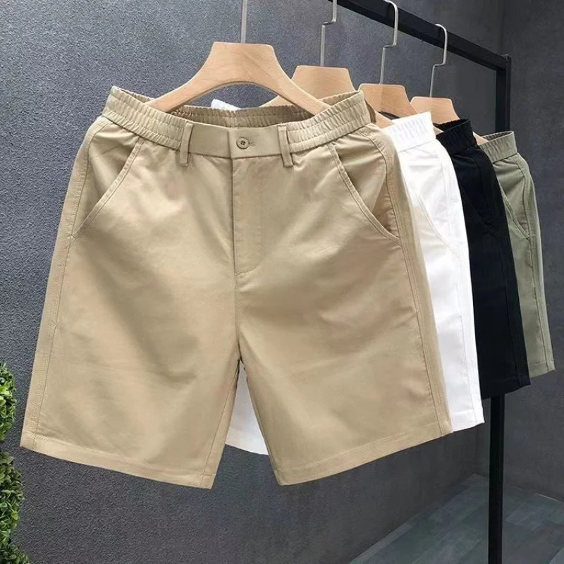 Shorts casuais brancos masculinos, calças finas cortadas, cinco calças retas, verão