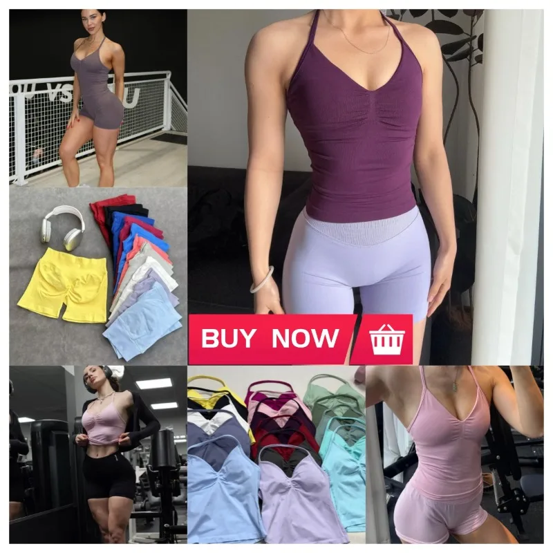

2025 Brand New DF One-on-one Production V-neck Long Hanging Neck Top Women's Seamless Yoga Tight Backless Sports Breathable Set