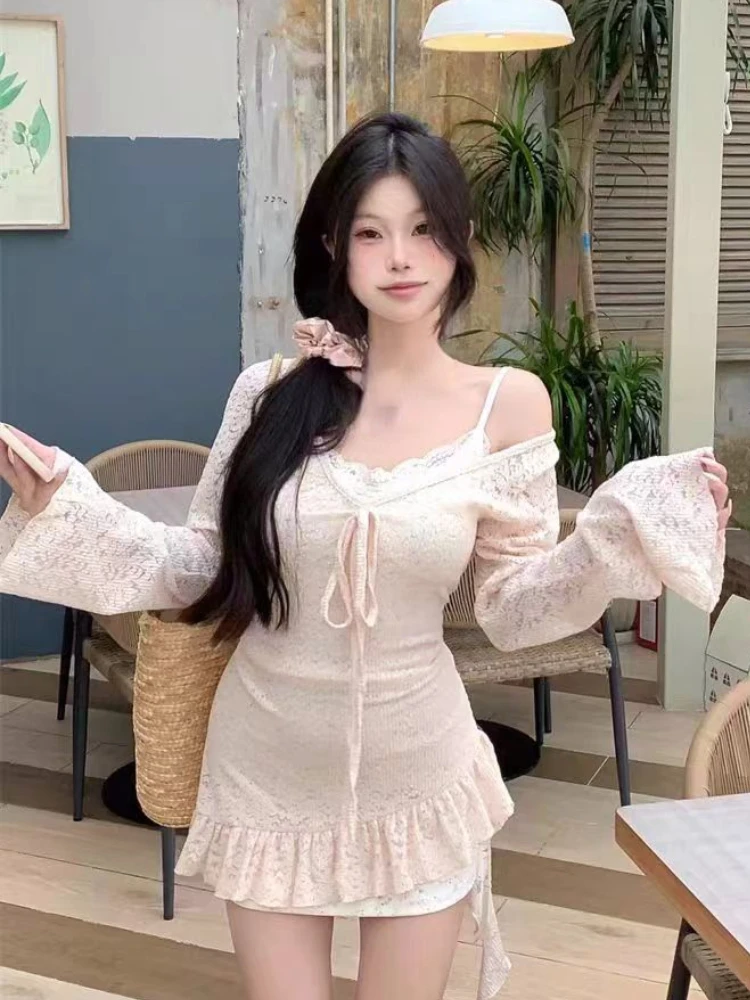 Korean Fashion 2 Piece Dress Sets 2024 Summer Beach Sexy Party Women Lace Floral Irregular Strap Mini Dress + Casual Cardigan