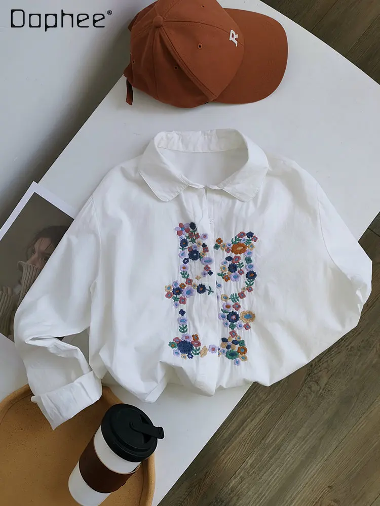 

Embroidered White Shirt for Women 2023 Spring New All-Match Cotton Inner Wear Loose Long Sleeve Blouse Female Blusas De Mujer