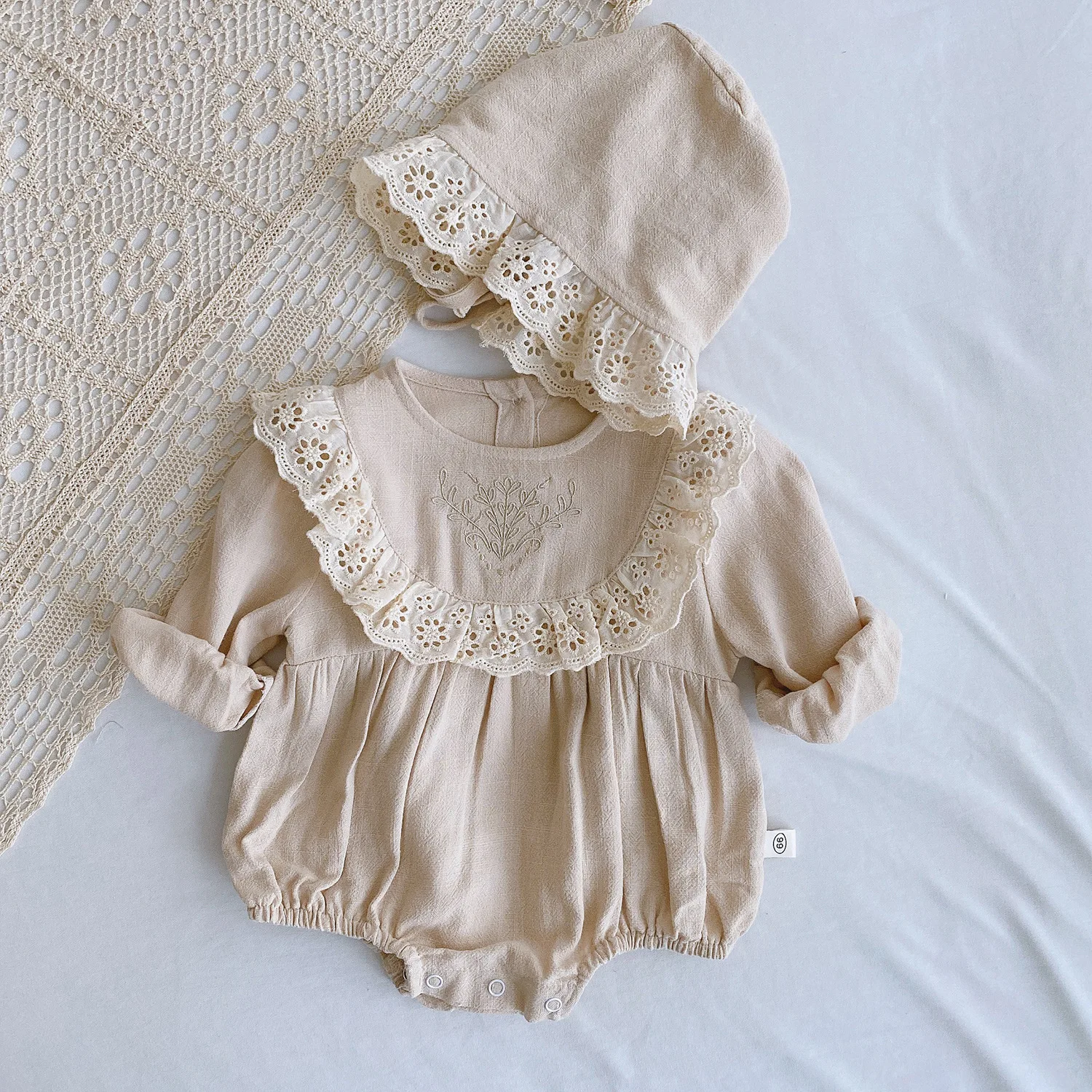 Kid Girl Simple Solid Bodysuit Baby Comfortable Thin Cotton Jumpsuit One Piece Infant Outfits With Girls Sweet Lace Cap