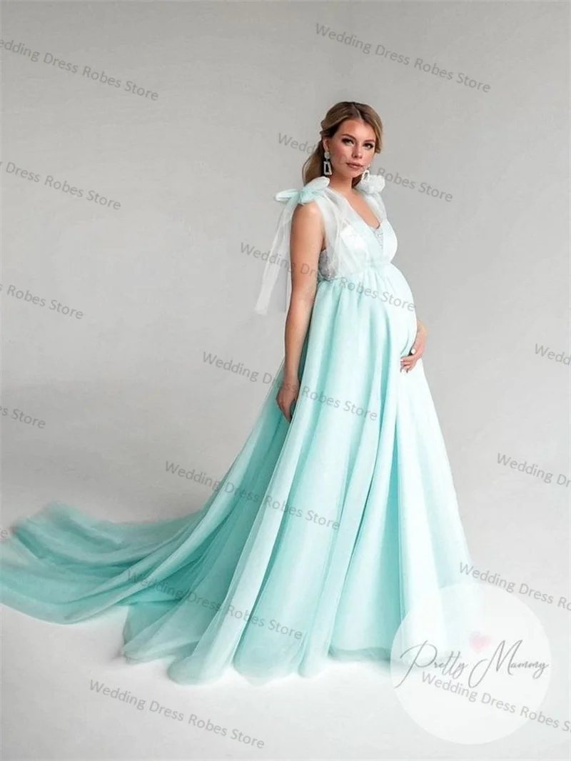 

Shiny Sequins Wedding Maternity Dress Photography Sexy V Neck Sleeveless Bride Robe Ruffles Tulle Wedding Prom Gowns Customized