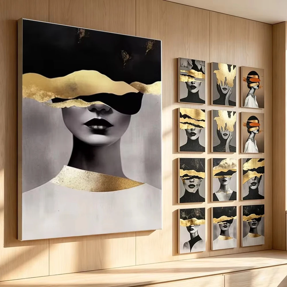 Gold-Schwarzes Porträt einer Frau, Poster, abstrakte, moderne Figur, Kopfdruck, Leinwandbild, Wandkunst für Zimmer, Heimdekoration – Detail 6