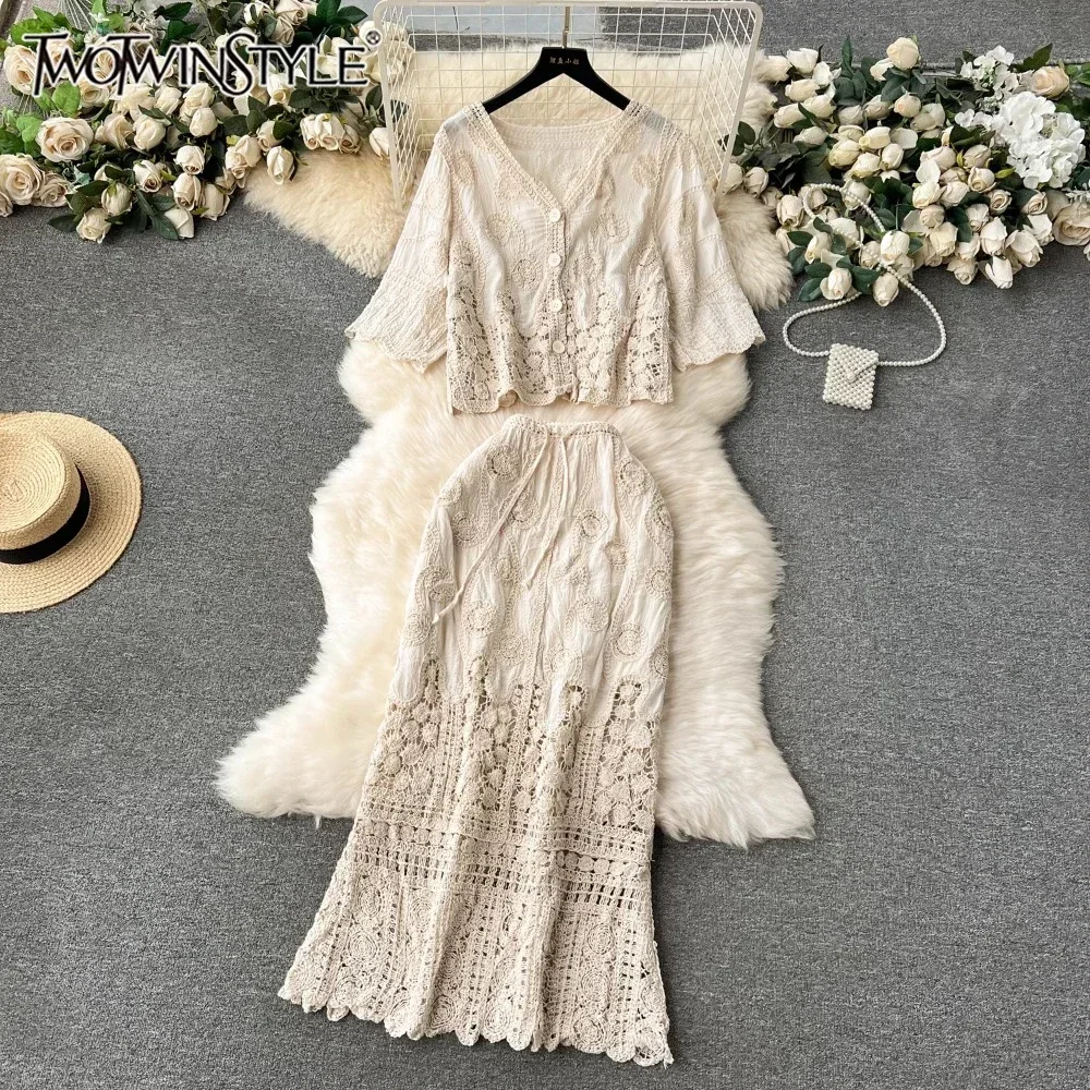 

TWOTWINSTYLE Embroidery Two Piece Set For Women V Neck Short Sleeve Tops High Waist A Line Skirt Elegant Set Female KSE521952