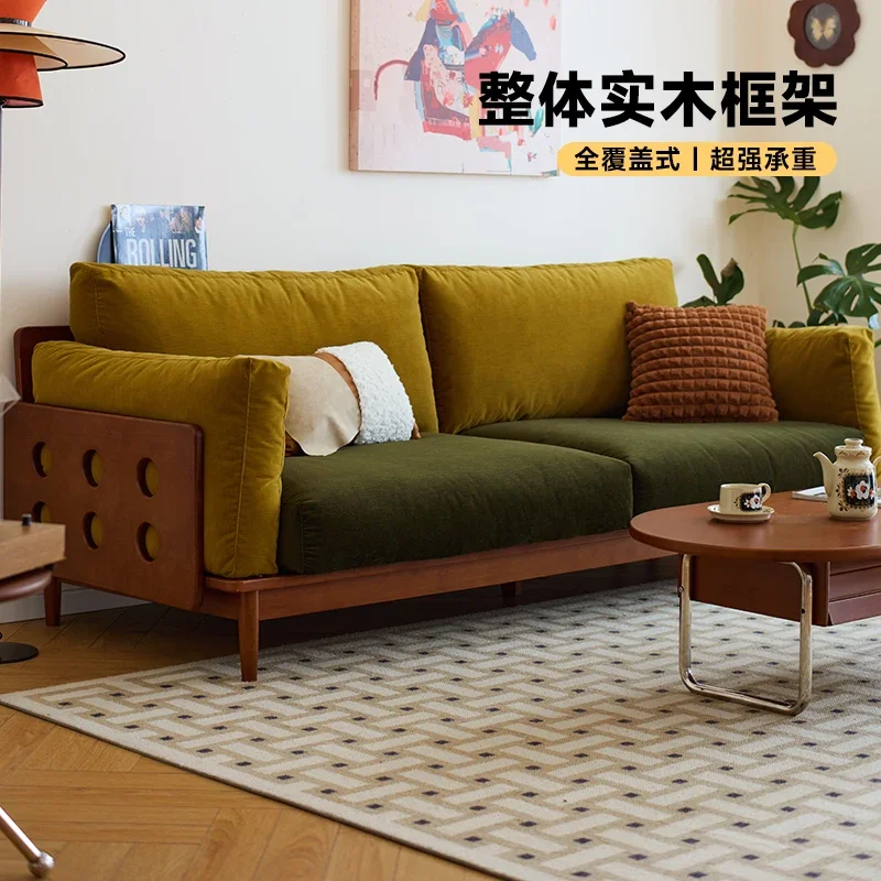 

For medieval solid wood sofa, small living room, retro straight row sofa, French high-end sense, three-person fabric sofa