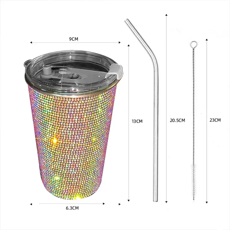 Bling Diamond Stainless Steel Car Water Cup 550ML Women Beverage Coffee Cup Auto Interior Accessories for Car Home Office