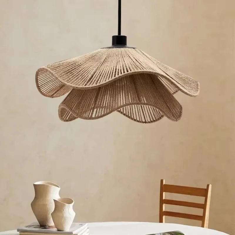 Wabi Sabi Cotton Rope Straw Hat Led Pendant Lights Restaurant Bar Chandelier B&B Cafe Bedroom Hanging Lamp Fixture