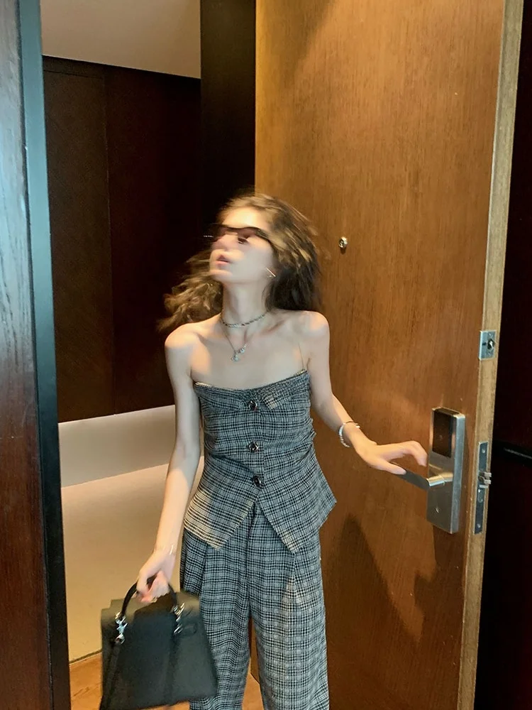 

Модный летний комплект Whysocold: брюки с высокой талией и широкими штанинами, топ на бретелях, повседневный женский костюм для женщин 25-35 лет