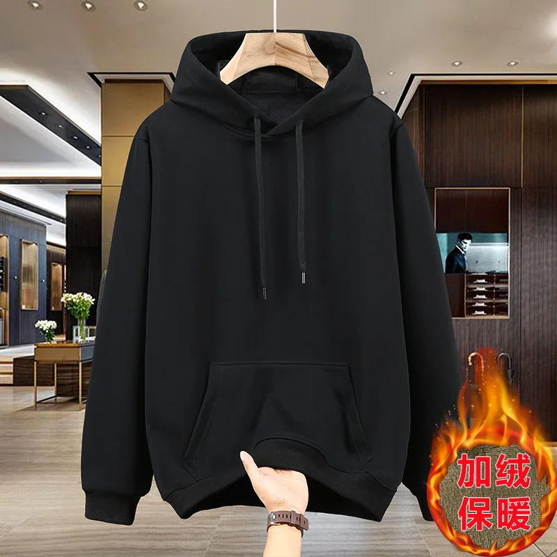 Men Winter hoodie with added fat plus size trendy chubby casual plush thick hooded solid color warm long sleeved 10xl 170kg