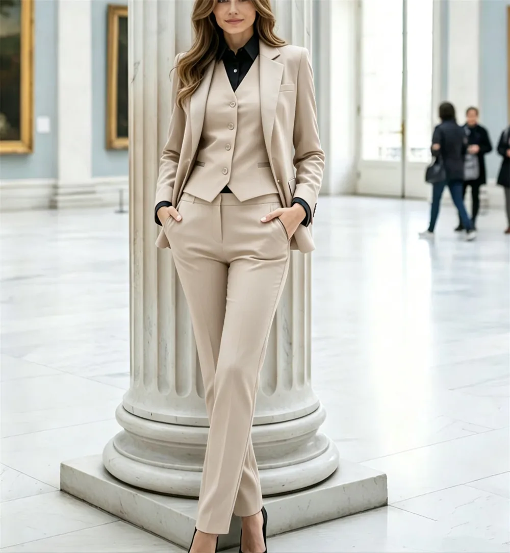 Beige Womens Suits 3-Piece Ladies Suit Office Wear Traje Mujer Elegant Pantsuit Tuxedo Style Business Suit