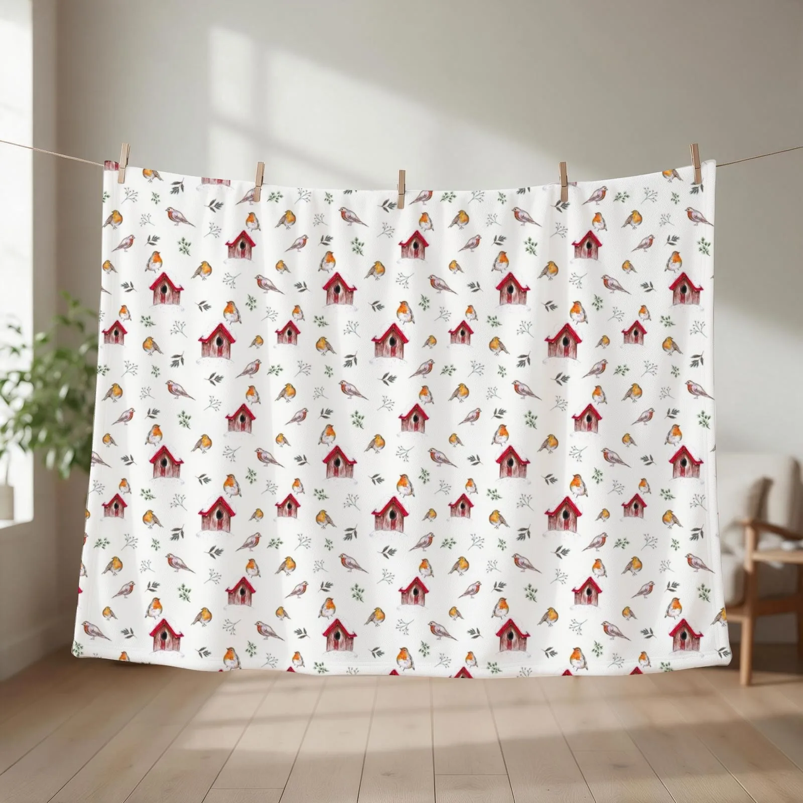 Cute Hand Illustrated Winter Robins and Foliage Throw Blanket couch cozy soft plush fuzzy picnic outdoor blanket