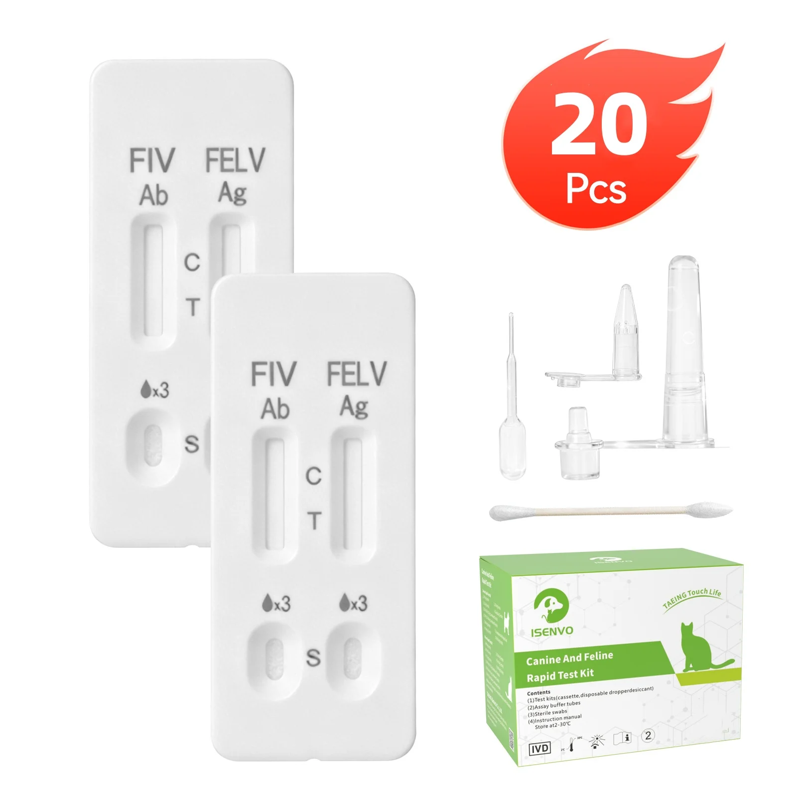 20 Pcs (FIV+FeLV) Feline Immunodeficiency & Leukemia Combo Test Kits for Cats