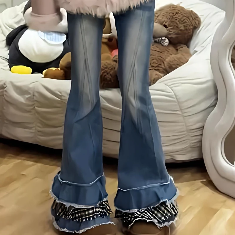 

American Retro Micro-la Multi-layer Cake Jeans Female 2025 Spring Y2k Plaid Splicing Bell Bottoms