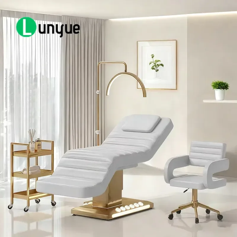 Luxury Gold Base Curved Electric Eyelash Bed 3 Motors Pedal Control LED Lights Beauty Massage Table for Spa