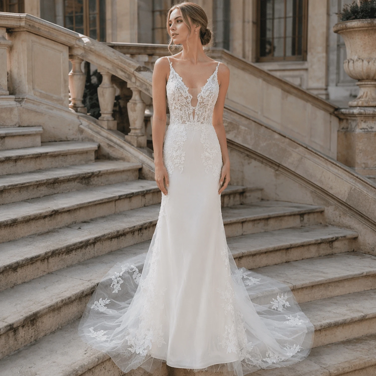 Wedding Dress Sheath Spaghetti Strap Sheer Lace Bodice Tulle Skirt Lace Train