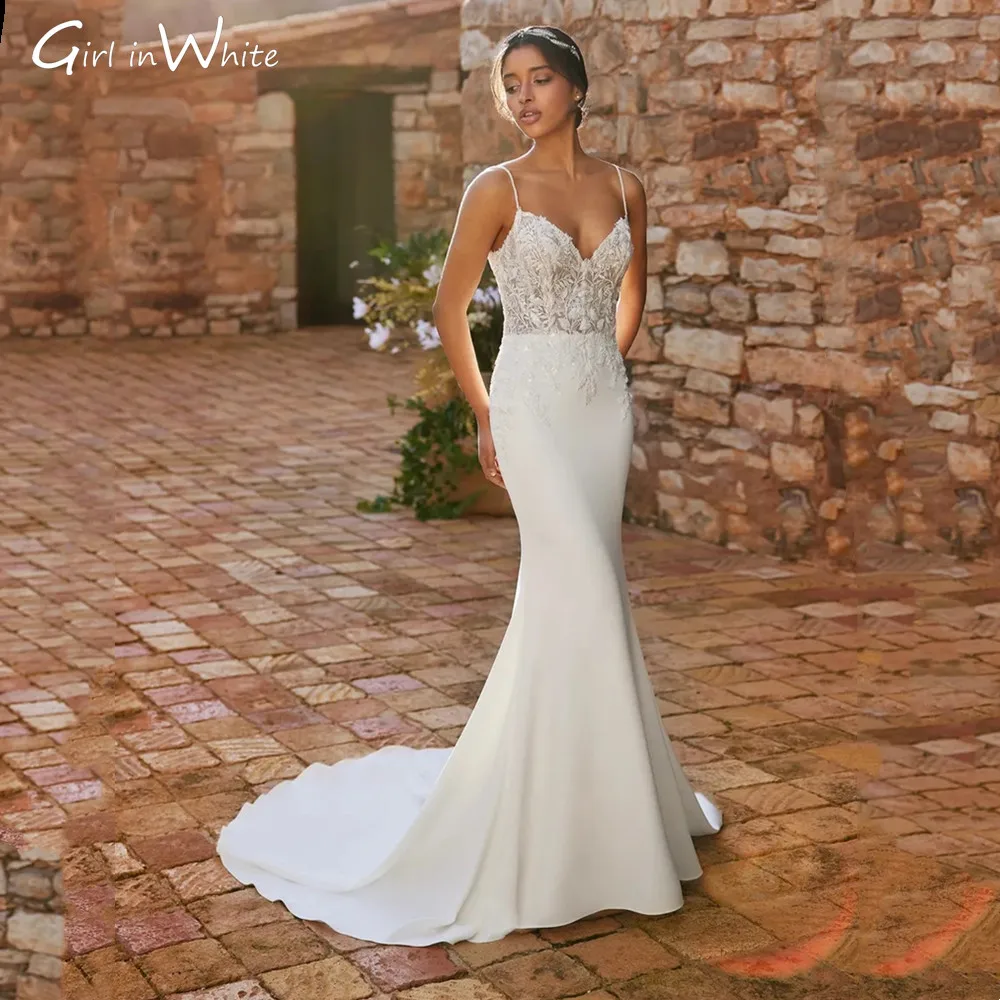 Sexy Spaghetti Strap Mermaid Wedding Dresses Open Back Mermaid Customized Bride Robes Sweep Train Bridal Gown Vestidos De Novia