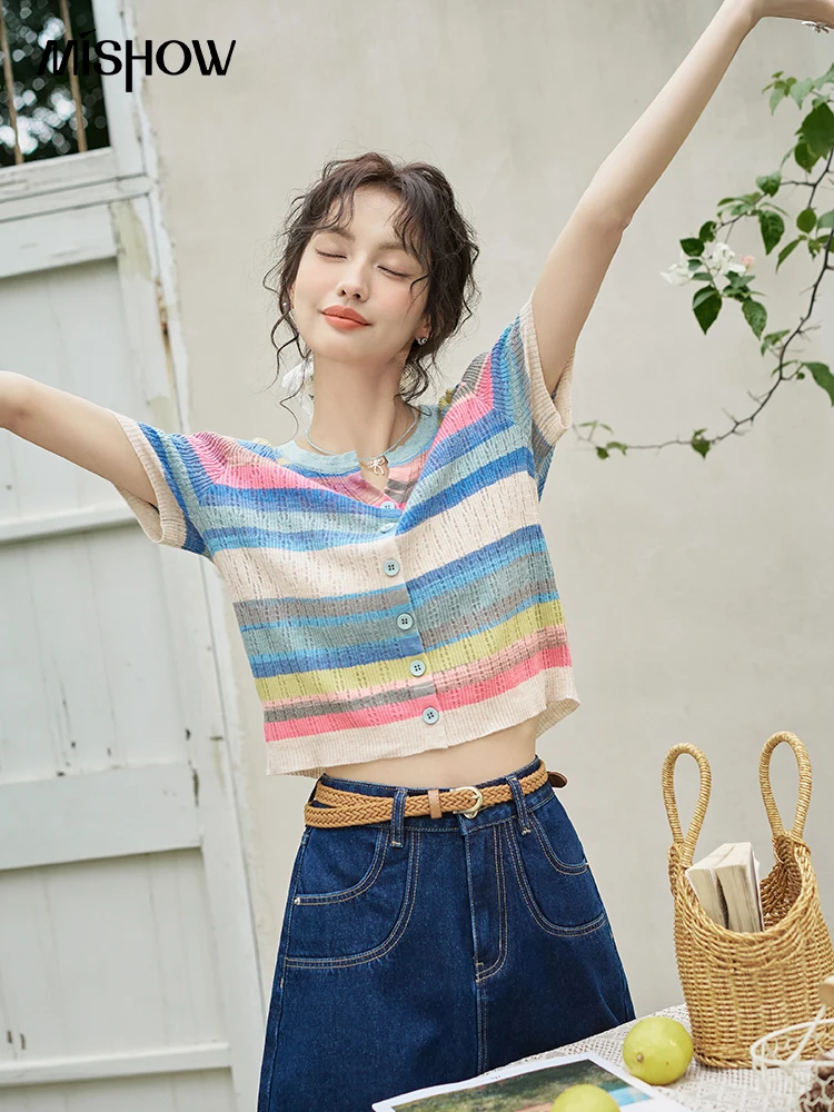 MISHOW Rainbow Striped Short Sleeve Knitted Sweater for Women Summer 2024 O Neck Single Breasted Dopamine Thin Tops MXD26Z0649