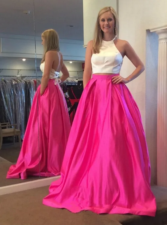 Two Pieces Prom Dresses Satin Off-White Fuchsia Halter Corset Back Floor Length with Pockets Evening Gowns