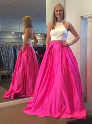 Two Pieces Prom Dresses Satin Off-White Fuchsia Halter Corset Back Floor Length with Pockets Evening Gowns