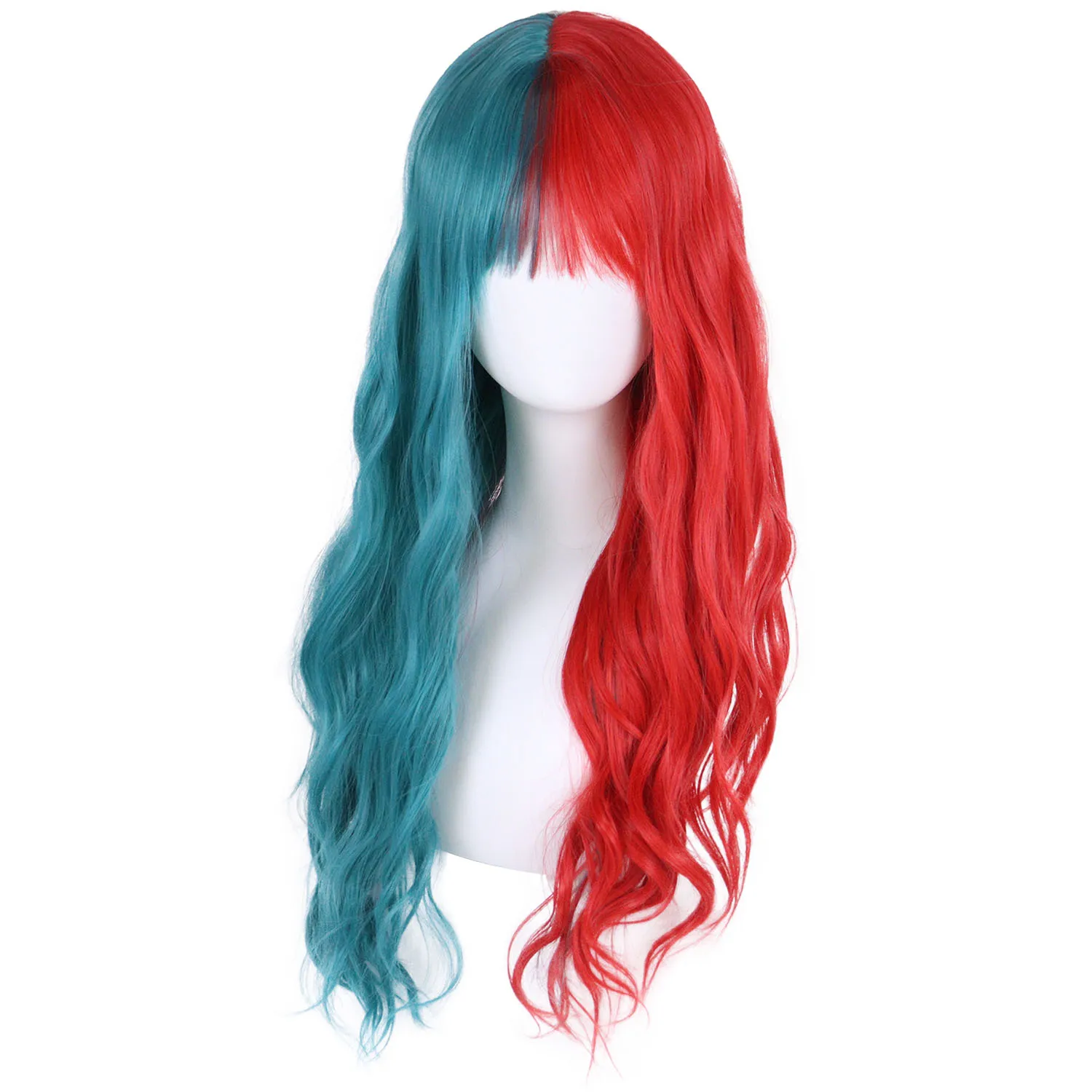 Blue and Red Cosplay Synthetic Wig with Bangs Long Wavy Wigs for Women Music Festival Halloween Costume Two-tone Wig Dress Up