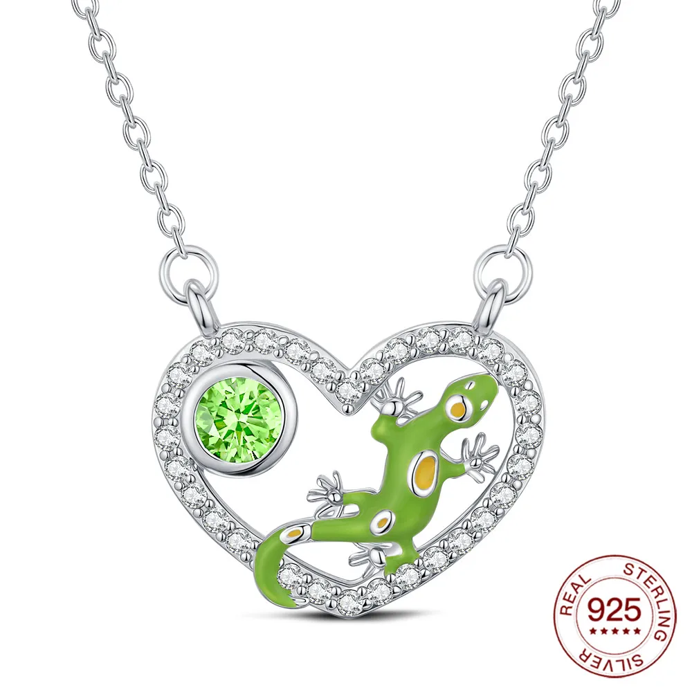 

2025 925 Sterling Silver Green Gecko Heart-shaped Necklace Fit Bracelet Diy For Women Fashion Jewelry Fine Pendant Love Gift