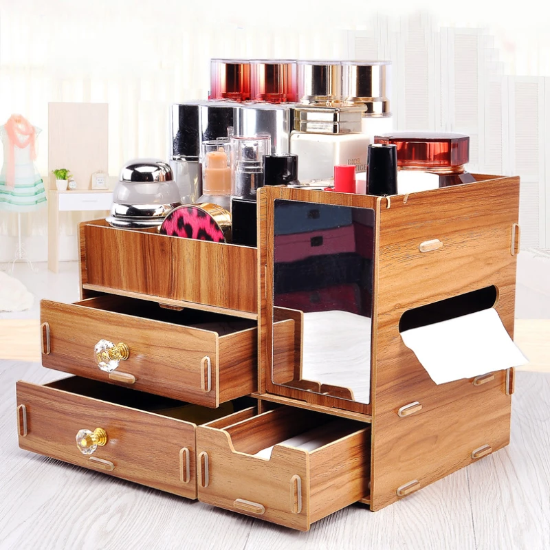 Wooden Jewelry Box Large Skin Care Products Cosmetics Drawer Type Desktop Storage Box Multifunctional Display Stand