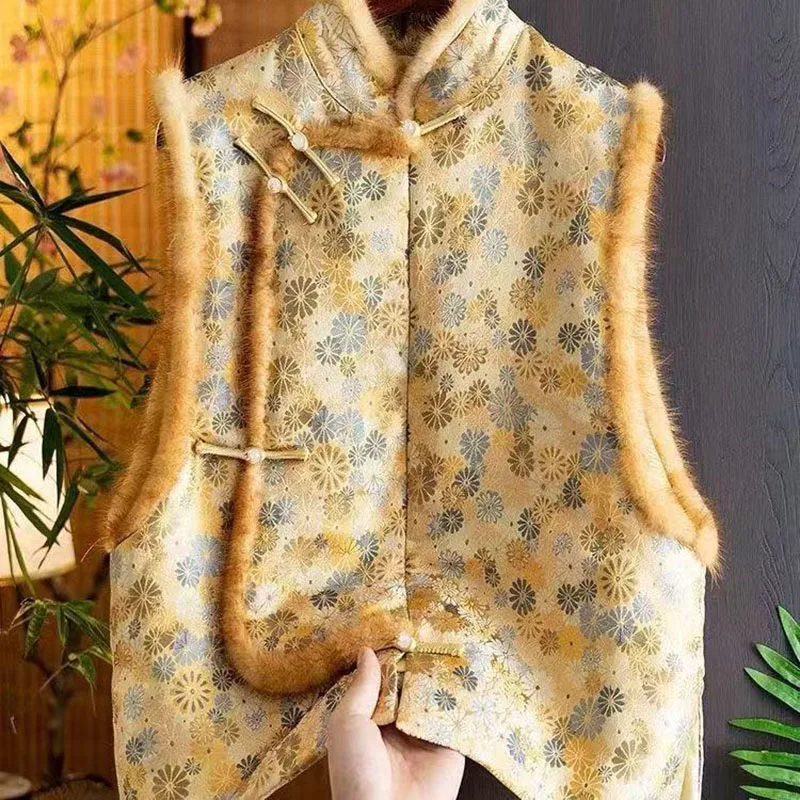 

Chinese Stand Collar Jacquard Silk Vest Cashmere Autumn Winter Women Sleeveless Jacket Frog Button Tank Top Thick