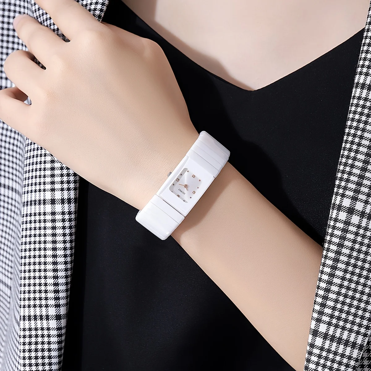 

Женские часы Oupai Square, прямоугольный циферблат, белые керамические часы, женский кварцевый механизм, компактный браслет,