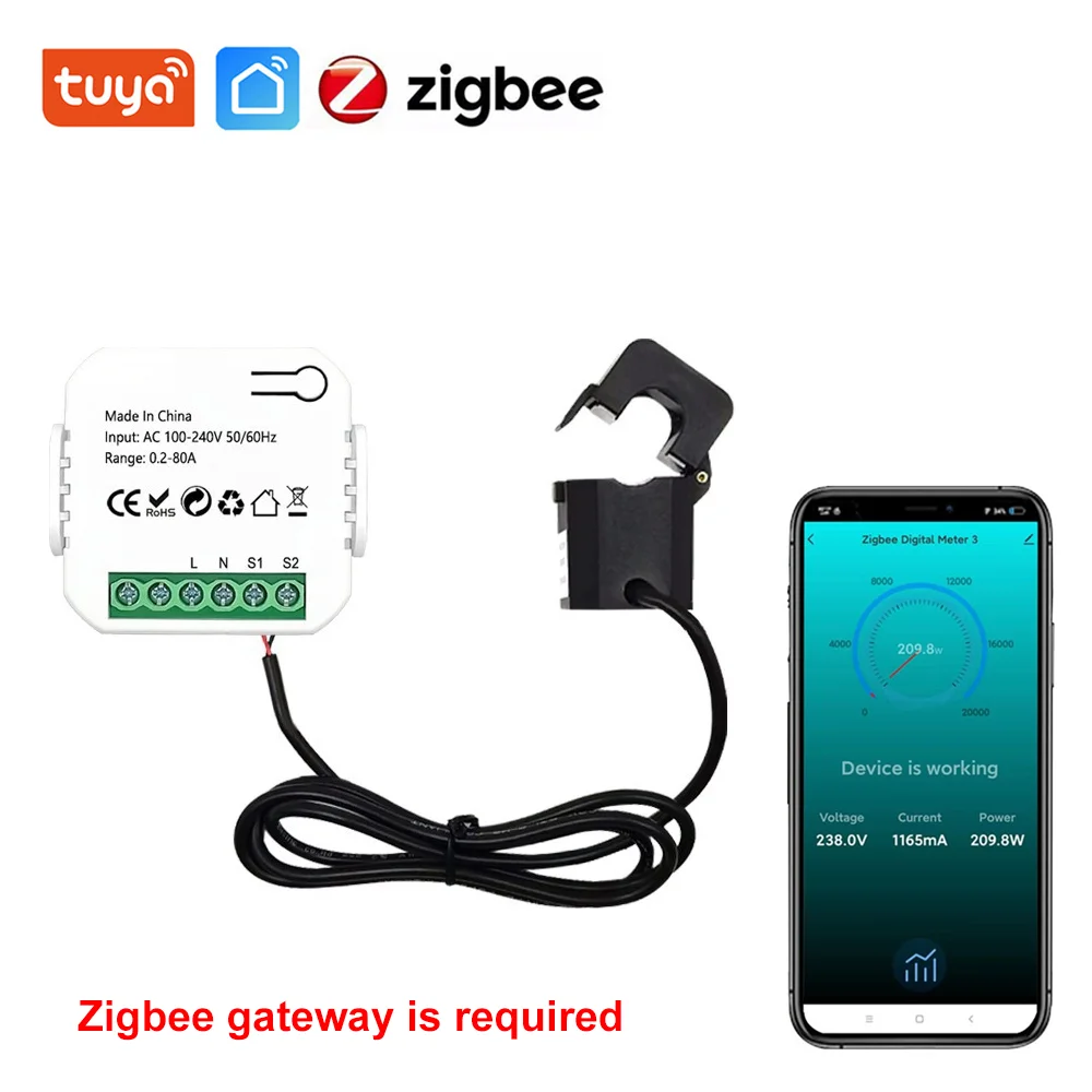 Tuya WiFi ZigBee Smart Energy Meter 80A AC110V 220V KWh Power Monitor Electricity Statistics Meter with Clamp CT