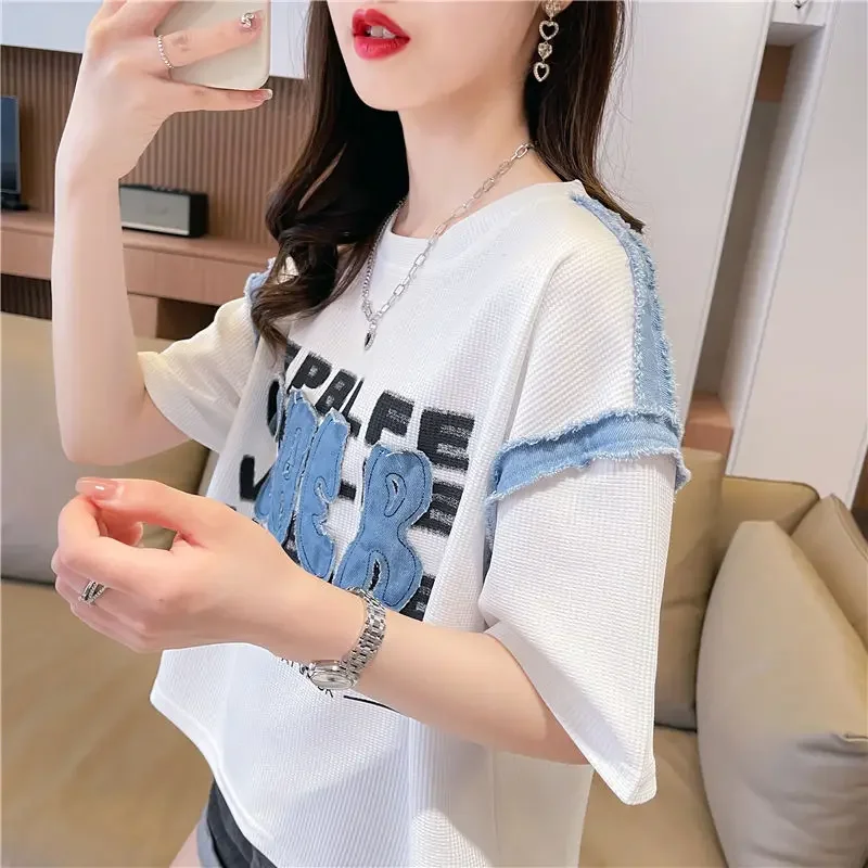 

DAYIFUN New Waffle Short Sleeve T-shirt Women Summer Letter Printed O Neck Tees Casual Large Size Denim Panel Design Sense Tops