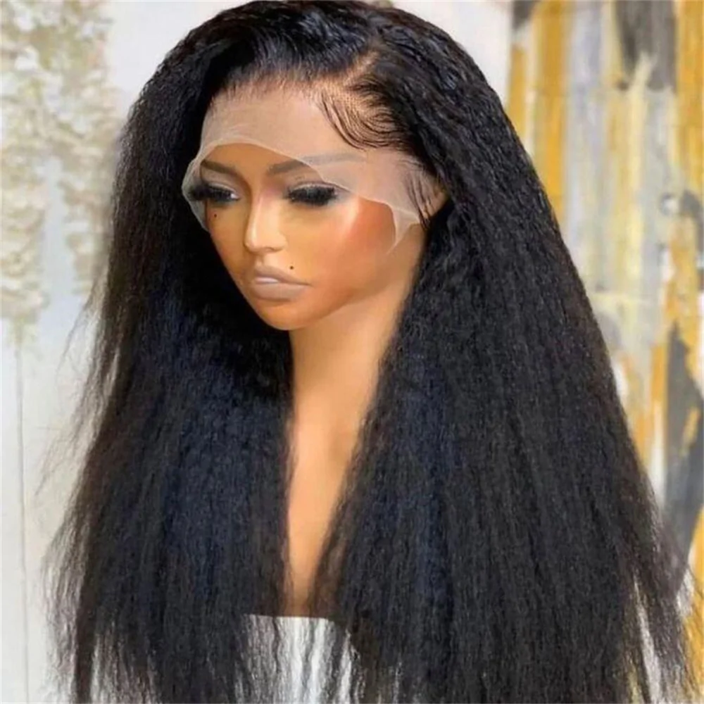 Long Soft 26” Preplucked Kinky Straight Natural Black Yaki Lace Front Wig For Women With Baby Hair Synthetic Glueless Daily