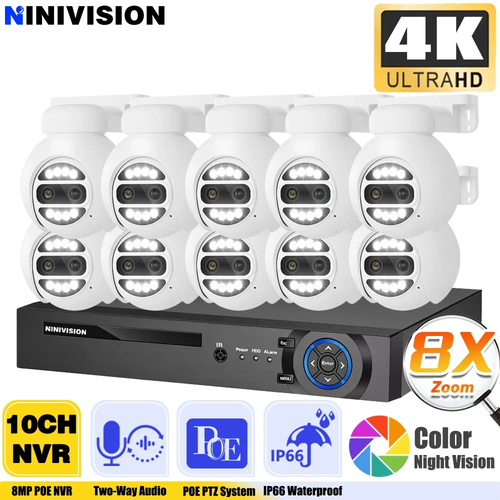 10CH 4K 8MP PTZ Security POE IP Camera System Outdoor AI Human Detection Two Way Audio Video Surveillance Kit PoE NVR Set XMEye