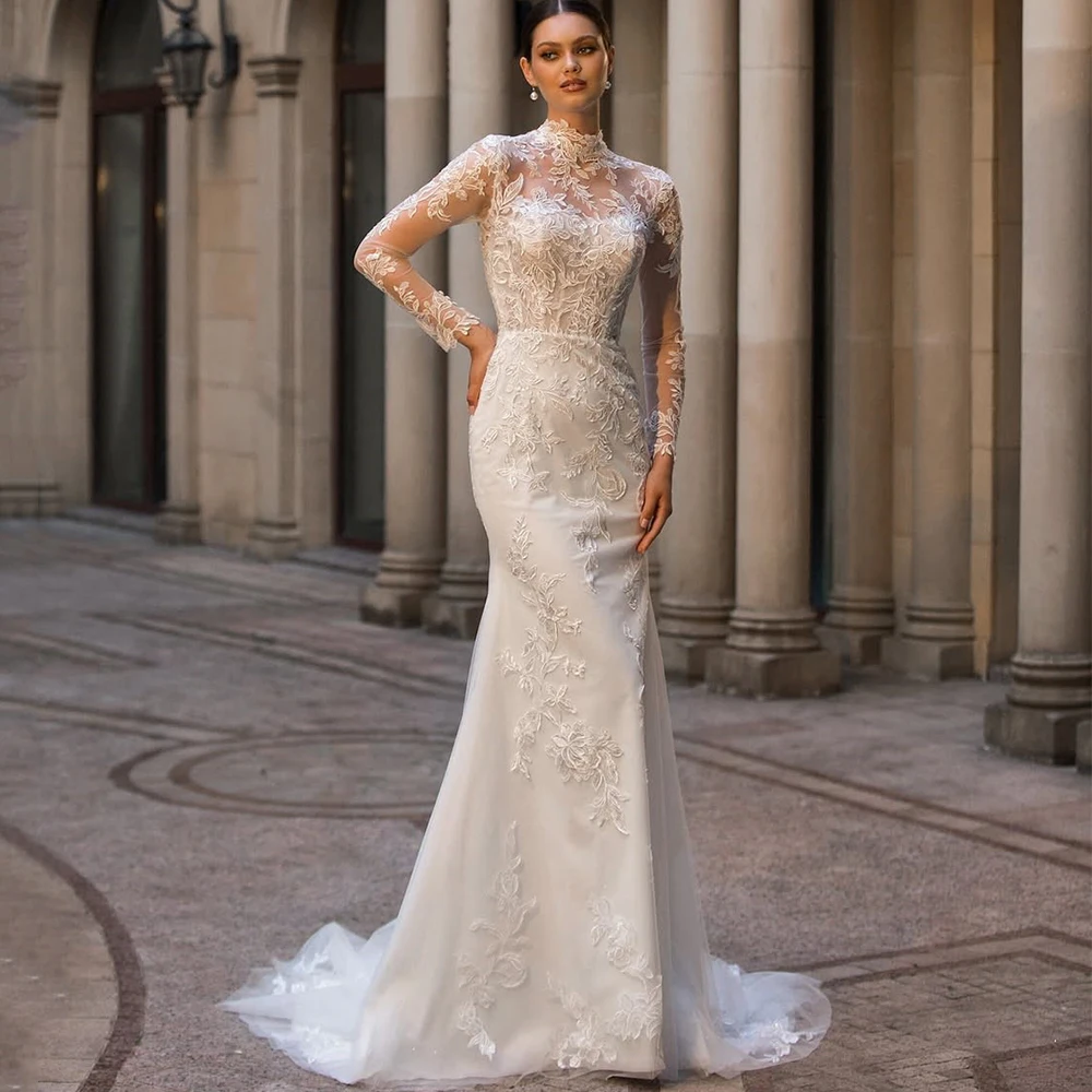 

Gorgeous Detachable Train Wedding Dress High Neck Applique Illusion Long Sleeve Mermaid Floor Length Bride vestidos de novia