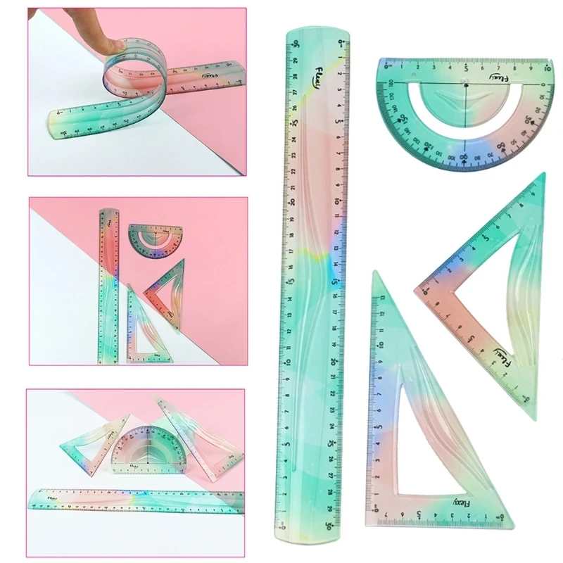4Pcs Colorful Flexible Ruler, Plastic Ruler Set Shatterproof Straight Ruler Soft Bendable Ruler for School Home Office F19E