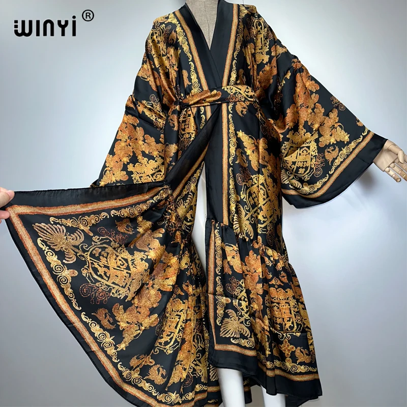 معطف كيمونو نسائي من WINYI مطبوع بحاشية فقاعية وأكمام طويلة سترة عباية دبي ملابس بحر فاخرة فستان بوهو قفطان