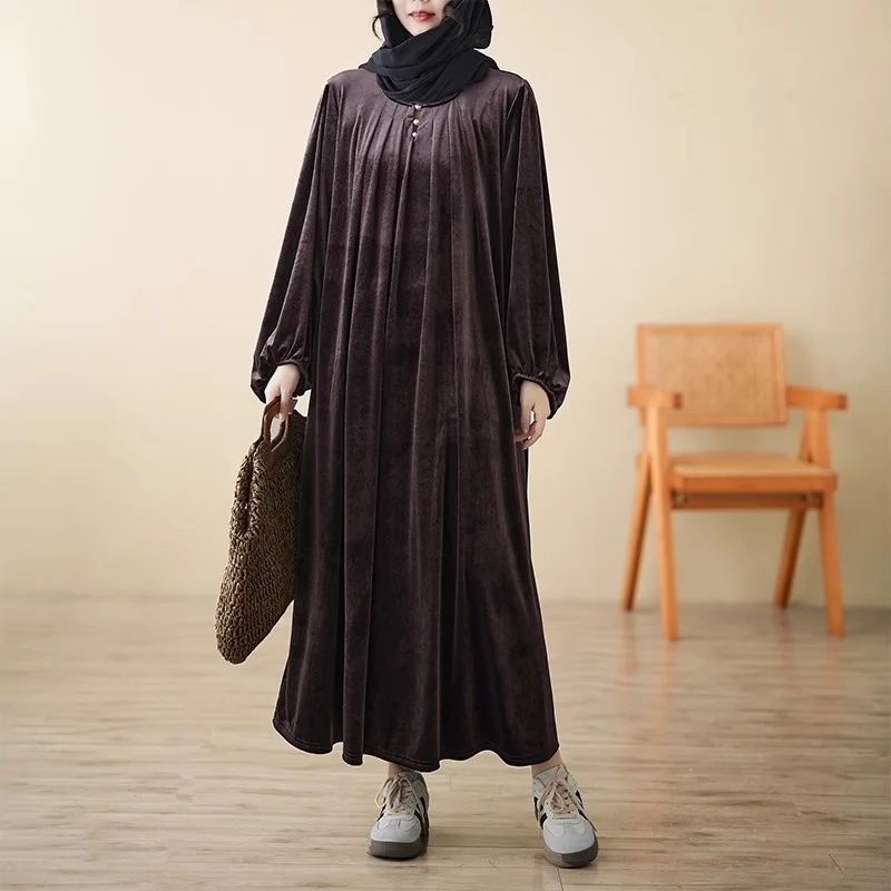 فستان خريف وشتاء 2025 فضفاض كبير الحجم ملابس الأم الكورية المخملية الدافئة فستان بأكمام طويلة للنساء w876