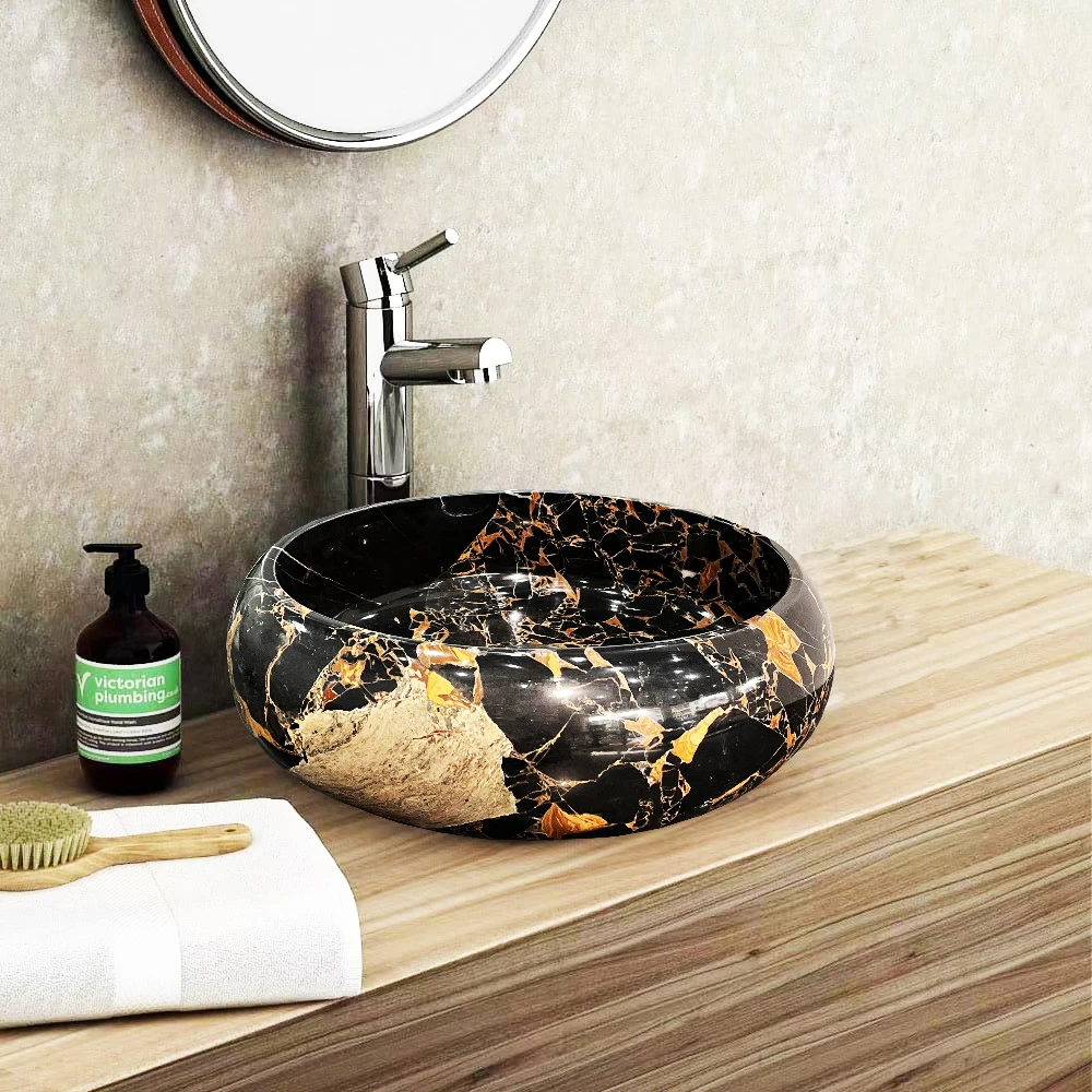 Umywalka łazienkowa z naturalnego marmuru Portoro, najnowszy design, polerowany kamień, okrągła, czarna marmurowa umywalka.