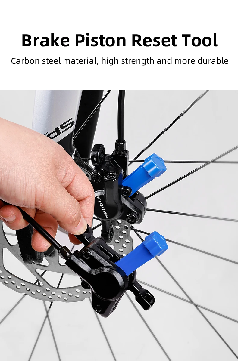 2-in-1 Langlebiges Stahl-Fahrradbremswerkzeug 360 ° Drehbarer Bremsbelagverteiler mit Kolbenrückstellung für MTB, Rennrad und E-Bike Hydraulische Scheibenbremse – Detail 1