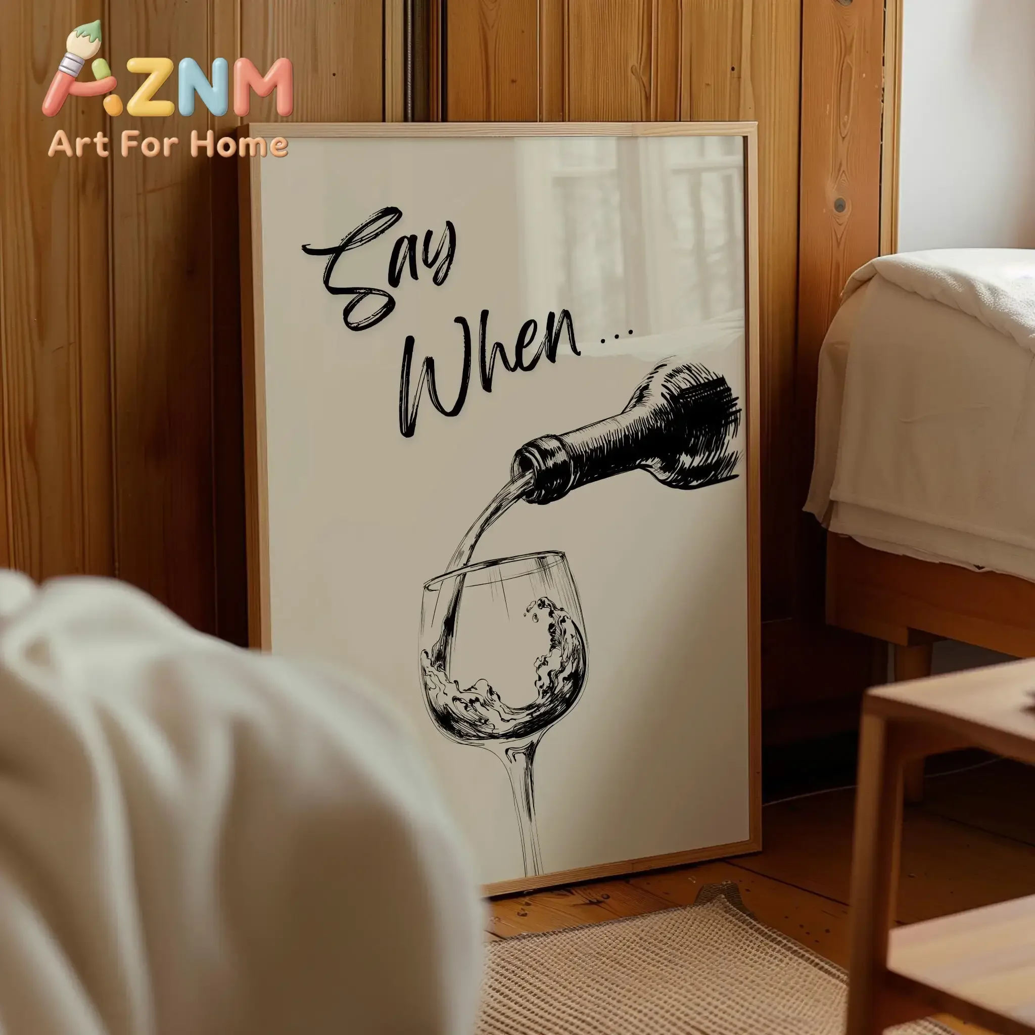 AZNM Sketch Wine Bottle Glass Say When Quote Canvas Wall Art Minimalist Hand Drawn Art Print Unframed Canvas Poster for Bar Dini